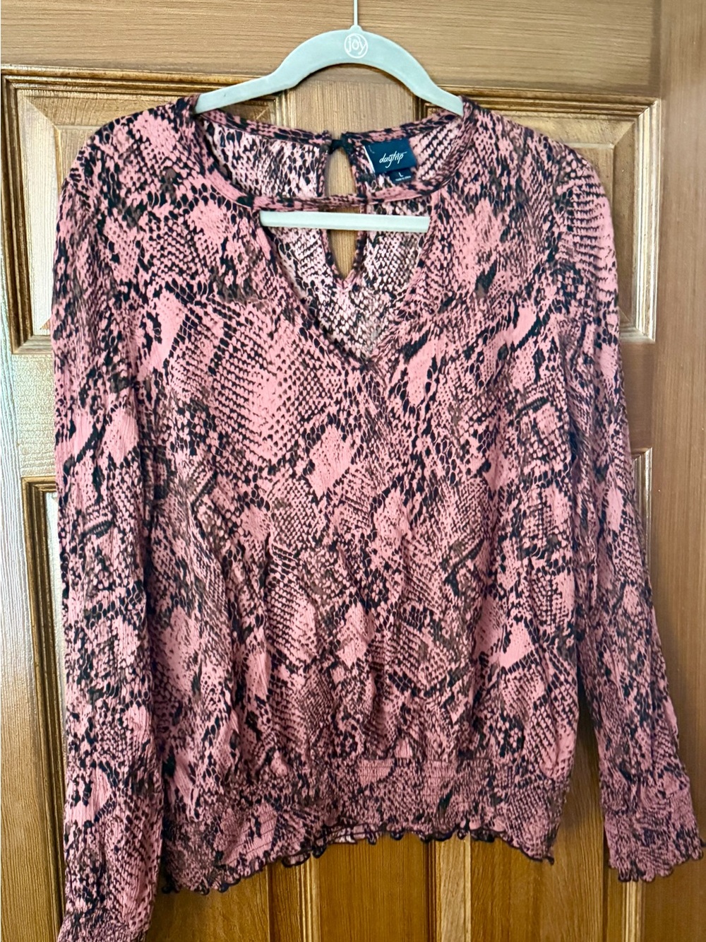 Daytrip Pink and Black Snake-Print Keyhole Tie Blouse
